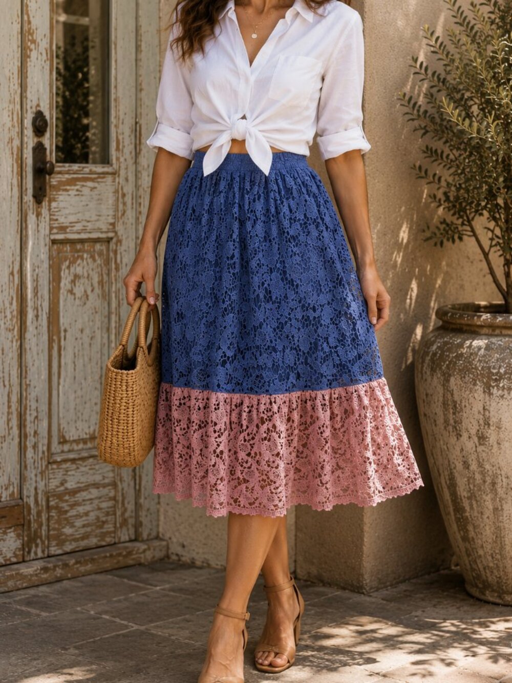 Champagne & Strawberry Crochet Midi Skirt SMALL